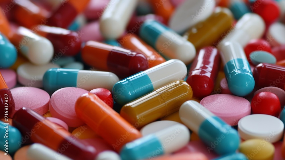 A background of medical pills and antibiotics for various medical conditions, creating a backdrop of therapeutic solutions for various medical needs