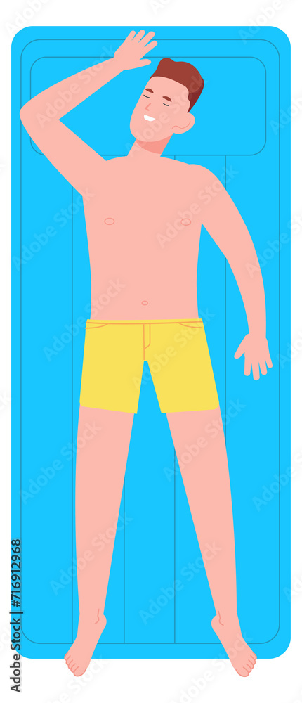 Sunbathing guy laying on beach towel top view Sunbathing guy laying on beach towel top view