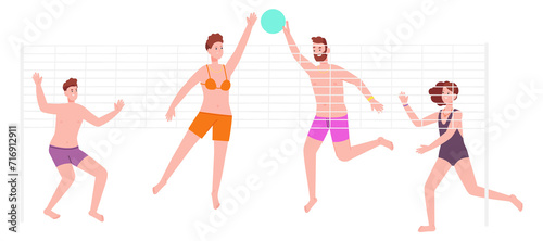 Parents and kids playing volleyball on beach. Family summer activity