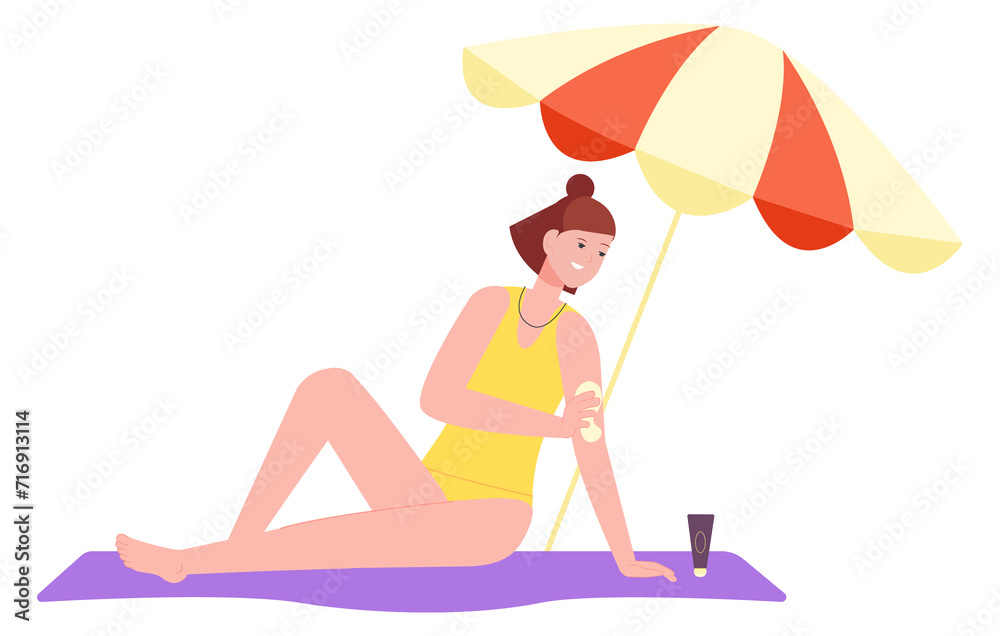 Woman sit on beach towel and apply sunscreen. Summer sun protection