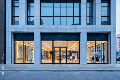 Contemporary Fashion Retail Shop Front with Glass Facade, Clothing Display, and Modern Architecture in Urban City Center at Evening photo