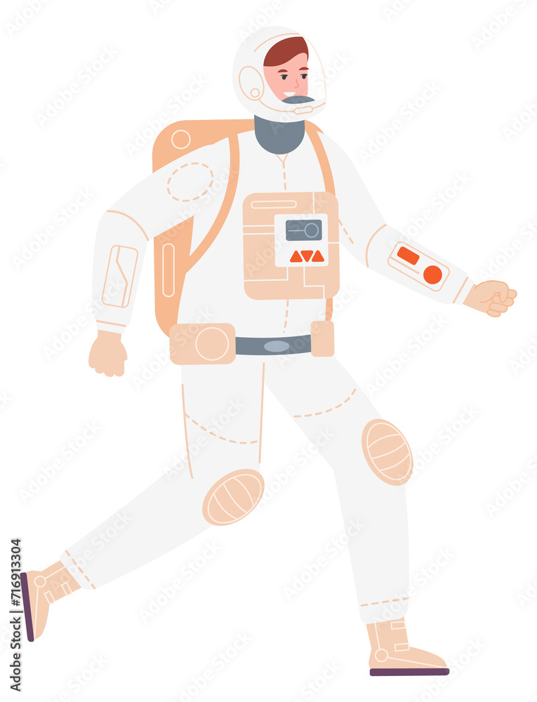 Running astronaut. Fast futuristic space explorer character