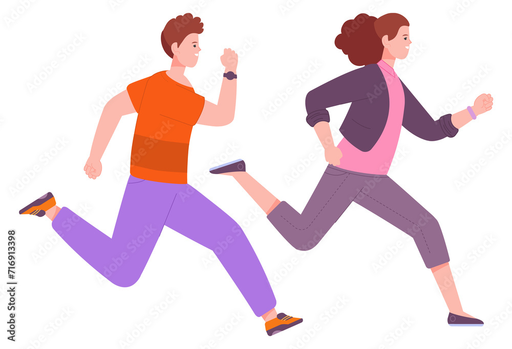 Hurrying man and woman. Running people. Race or competition