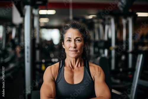 Portrait of a serious mature woman doing bars in a gym. With generative AI technology