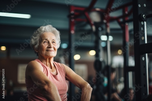 Portrait of an inspired old woman doing bars in a gym. With generative AI technology