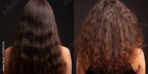 Woman's hair damage from heat and frizz on brown studio background, salon treatment with keratin before/after.