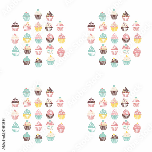 Birthday cupcakes arranged in a circle seamless pattern. Gift wrapping, wallpaper, background. Birthday