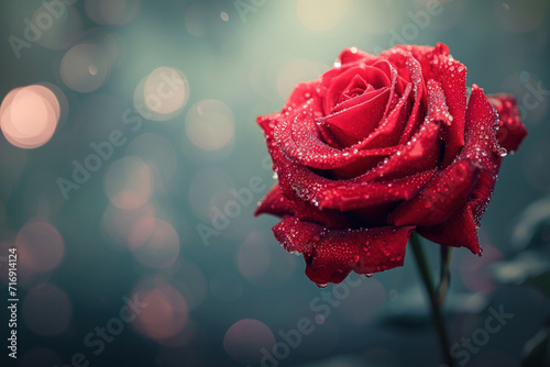 A single red rose with delicate droplets of water on its petals  set against a soft-focus background with light bokeh  a timeless symbol of love and passion  ideal for use in romantic gestures