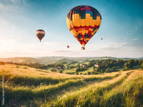 Colorful hot air balloons flying over meadow at sunset in the mountains