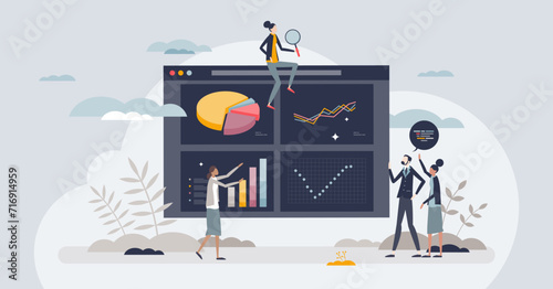 Business intelligence platforms with business analysis tiny person concept. Financial data and accounting information database program for company profit and revenue monitoring vector illustration. photo
