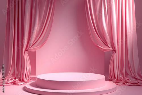 Background promotional product placement curtain around the scene. placing the main product in the middle And the whole scene is pastel pink. 3D Scene. Generative AI. photo