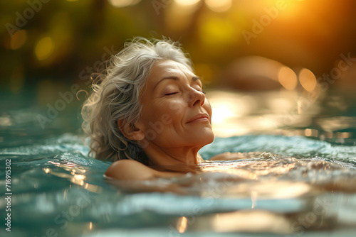 Senior Woman Relaxing in Spa Pool, Serene Water Therapy, Peaceful Leisure Time, portrait of a Senior woman in the pool