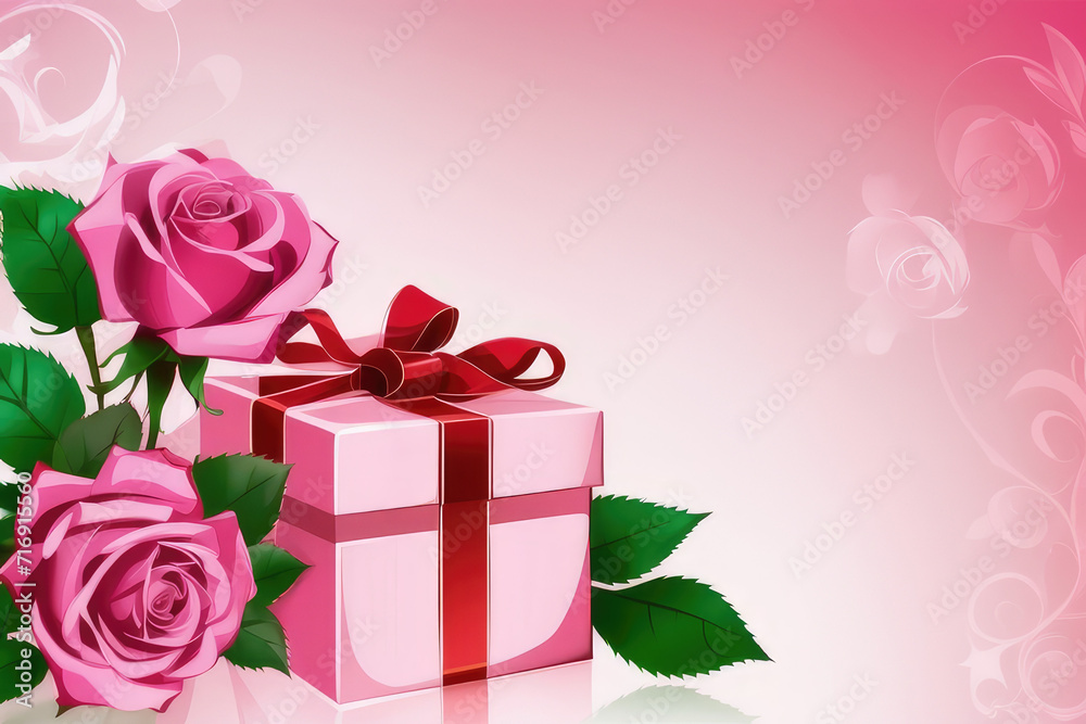 Background with roses pink colour and a gift with red ribbon Background with roses pink colour and a gift with red ribbon