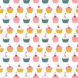Birthday cupcakes with cherry on top seamless pattern. Gift wrapping, wallpaper, background. Birthday