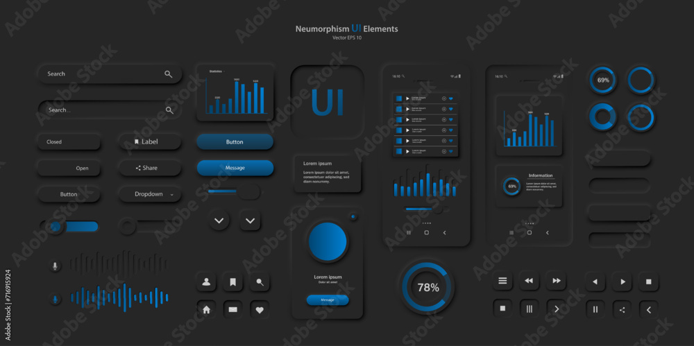 A set of user interface elements for a mobile application in a dark style. User interface icons for the internet, social networks, and business. Neomorphic UI UX design collection. Vector illustration