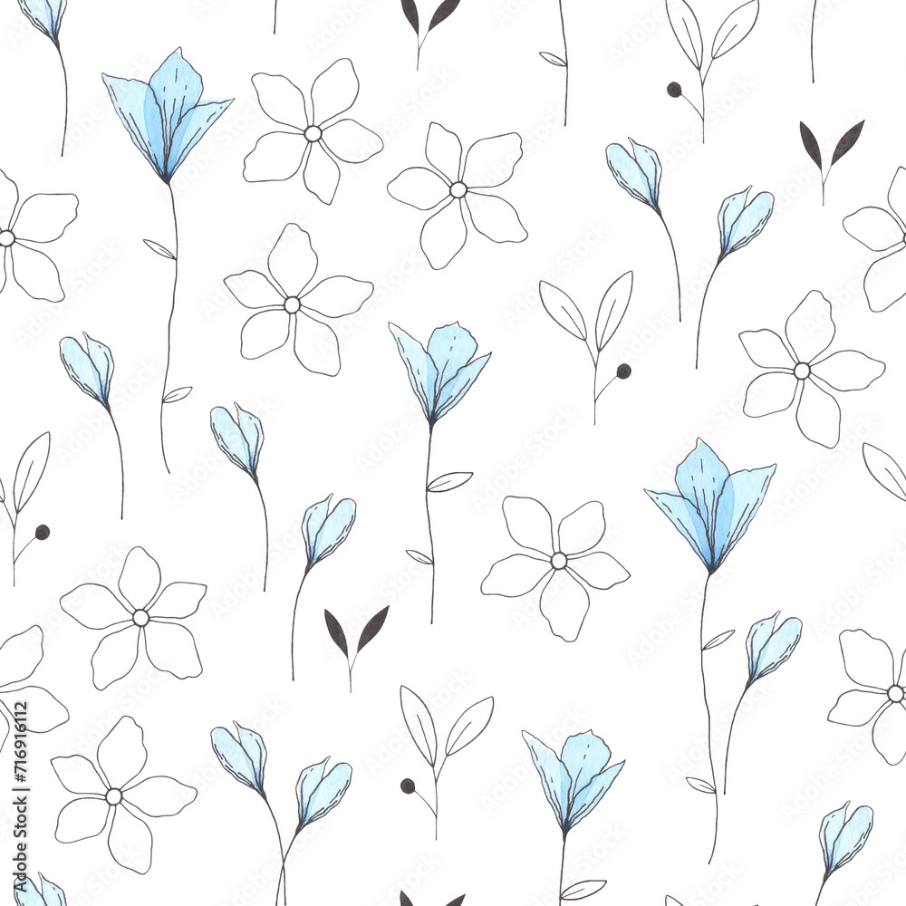 Seamless watercolor pattern with watercolor blue flowers and contoured botanical elements. Template for decoration, design, decoration, fabric, wrapping paper. Hand-drawn on a white background.