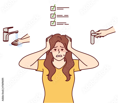 фотографія Woman with ocd syndrome clutches head for fear of contracting infection, stands near icons with faucet and door handle