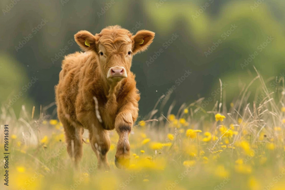 Highland Cow Calf Frolicking in Scottish Meadows
