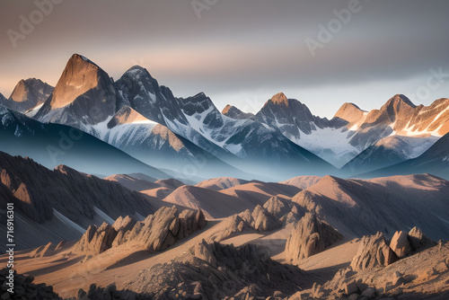 A rugged mountain range with rocky peaks and deep valleys photo