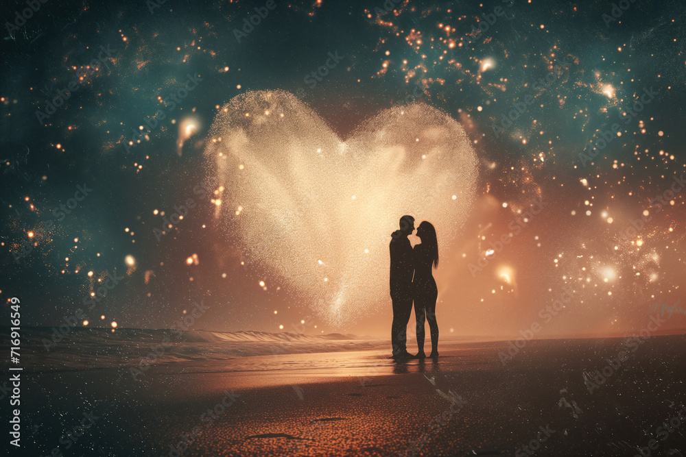 A silhouette of a couple embracing within a heart-shaped burst of light ...