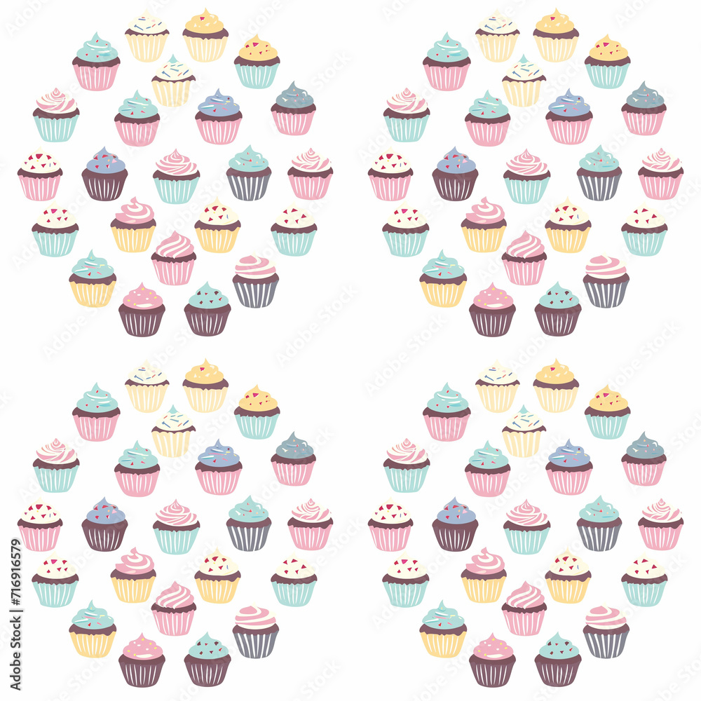 Birthday cupcakes arranged in a circle seamless pattern. Gift wrapping, wallpaper, background. Birthday Birthday cupcakes arranged in a circle seamless pattern. Gift wrapping, wallpaper, background. Birthday