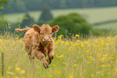 Highland Cow Calf Frolicking in Scottish Meadows