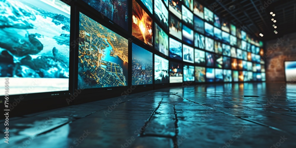 Video Screen Image This video wall features multiple screens for broadcast and multimedia ...