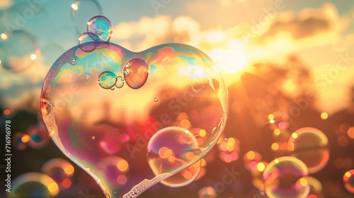 My heart swells at the sunset sky. Summer love in the sun with a romantic bubble maker creating vibrant soap bubbles in the park.