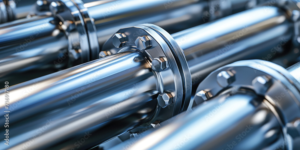 Industrial Pipeline Detail in Silver Tones. Close-up of silver industrial pipes with flange joints, banner background. Industrial Pipeline Detail in Silver Tones. Close-up of silver industrial pipes with flange joints, banner background.