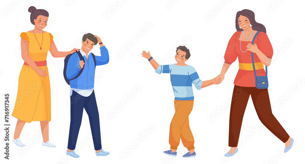 Happy mothers with boys going to school. Classmates characters Happy mothers with boys going to school. Classmates characters
