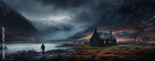 winter Scotland or norway hills in foggy day, Misty mountines and rain weather, dramatic sky in Scottish highlands, photo