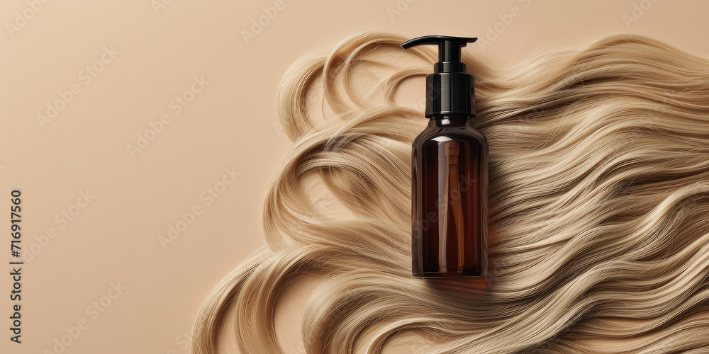 Fototapeta premium Luxurious Hair Care Product blank container mockup on Glossy Blonde Hair background, banner with copy space. Hair serum bottle, package design template.