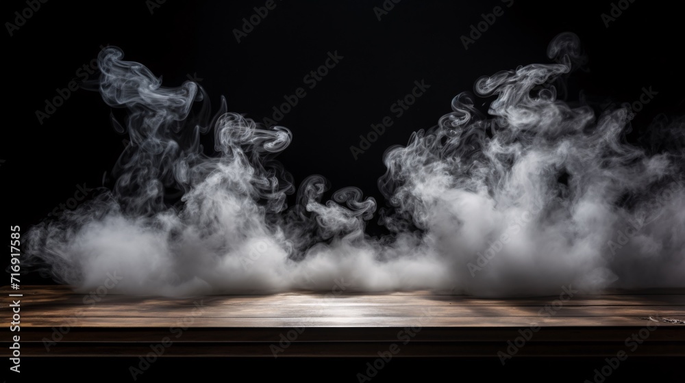 A dark background with a smoke effect over an empty wooden table for showcasing your products.