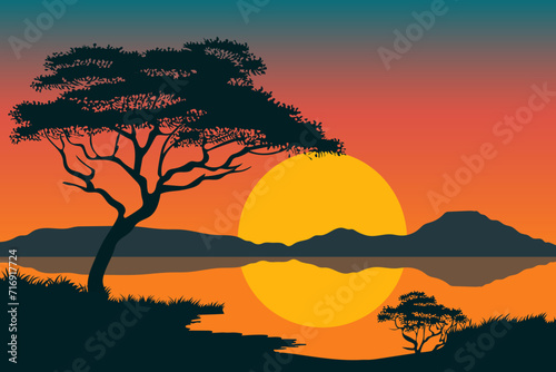 Beautiful landscape vector sunset over the lake  stunning silhouettes of trees on the background of the lake with reflections  mountains and sunset. Background for design.