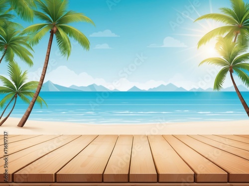 A background featuring vacant wooden planks, with blurred palm trees and a sea backdrop by ai generated
