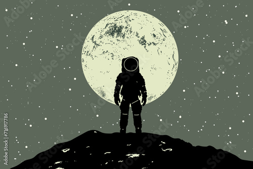 Astronaut against the backdrop of a beautiful huge planet and magnificent stars. Silhouette of an astronaut in a spacesuit on an unknown planet. Vector illustration in flat style.