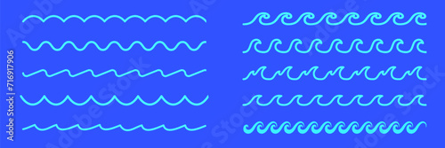 Sea wave icon set. Waves line set. Seamless vector marine wave decoration background.