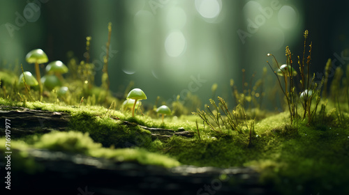 Freshness of nature growth in uncultivated forest beauty in springtime,,
Mushrooms growing on a mossy log in the forest, Little fungus growing on a mossy tree, side view, photo