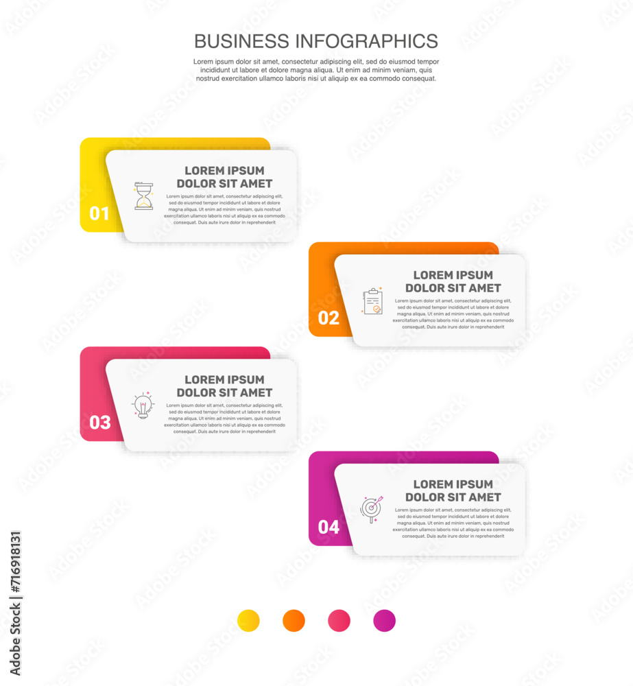 Vector business infographics design template. Timeline with 4 options, steps, labels, marketing icons. Illustration used for workflow layout, diagram, presentations, flow chart, banner, info graph. Vector business infographics design template. Timeline with 4 options, steps, labels, marketing icons. Illustration used for workflow layout, diagram, presentations, flow chart, banner, info graph.