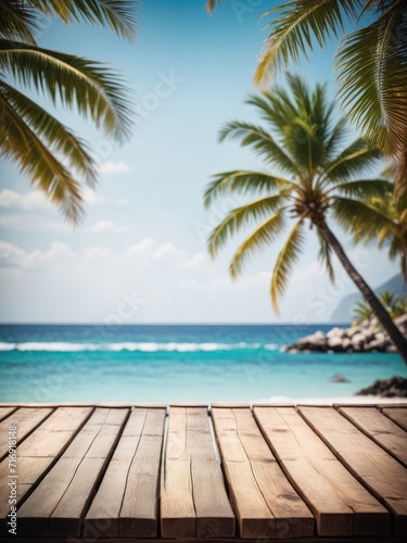 A background featuring vacant wooden planks, with blurred palm trees and a sea backdrop by ai generated