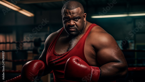 Portrait of an overweight African American man wearing boxing gloves in a gym against a dark background. Serious face, kickboxing or muscles of an athlete ready for fight, exercise or training,  © Зоя Лунёва