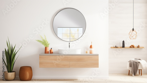 Scandinavian Bathroom interior, Modern white sink, wood counter with round mirror and flowers.