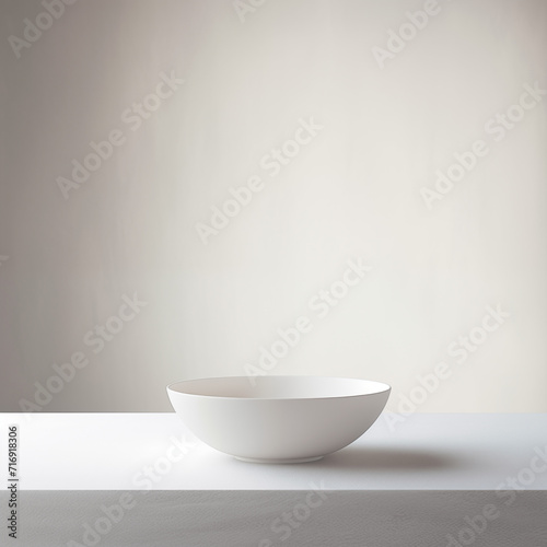 White empty bowl on a white table in a bright room. Clean photo mockup