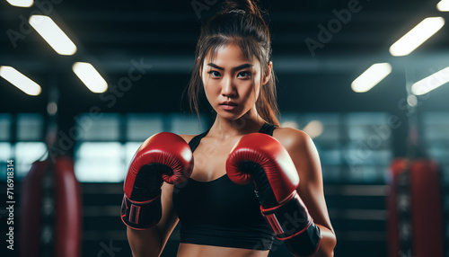 Portrait of an Asian woman wearing boxing gloves in the gym on a dark background. Serious face, kickboxing or muscles of an athlete ready for fight, exercise or training, martial arts 