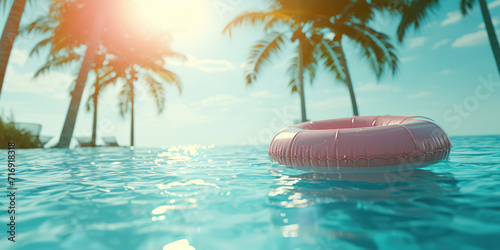 Tropical Poolside Leisure. Inflatable pink circle pool float bobs on the sunlit water of a tranquil pool, framed by lush palm trees, copy space.