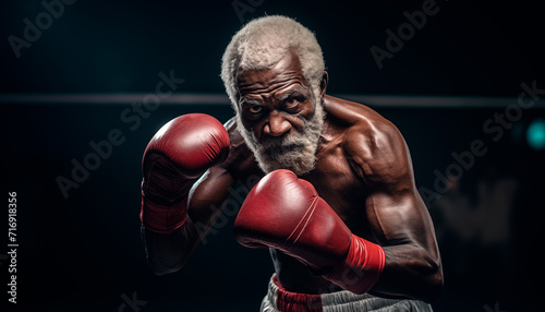 Portrait of elderly African-American man in boxing gloves in the gym on a dark background. Serious face, kickboxing or muscles of an athlete ready for fight, exercise or training, martial arts 
