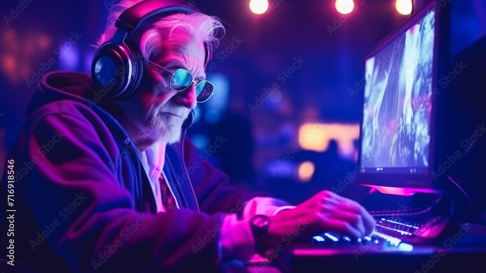 Streamer elder man in headphone playing video game, neon color. Streamer elder man in headphone playing video game, neon color.