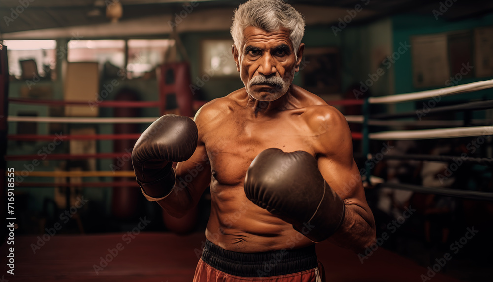 Portrait of elderly Indian man wearing boxing gloves in a gym on a dark background. Serious face, kickboxing or muscles of an athlete ready for fight, exercise or training 