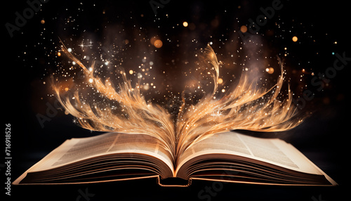 Magic book with open antique pages and abstract bokeh lights, swirl of stars and magic dust glowing on dark background, literature and education concept