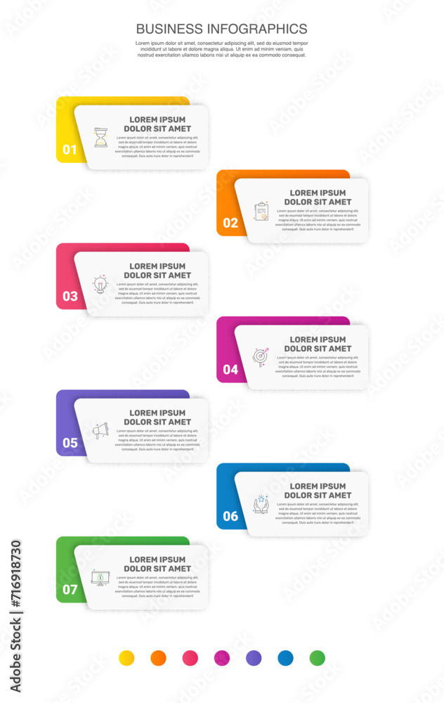 Vector business infographics design template. Timeline with 7 options, steps, labels, marketing icons. Illustration used for workflow layout, diagram, presentations, flow chart, banner, info graph. Vector business infographics design template. Timeline with 7 options, steps, labels, marketing icons. Illustration used for workflow layout, diagram, presentations, flow chart, banner, info graph.